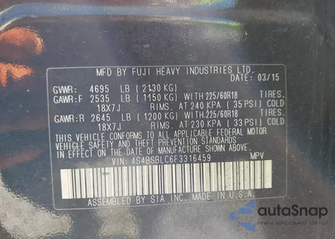 2015 Subaru Outback 2.5I Limited from USA, damaged, VIN 4S4BSBLC6F3316459